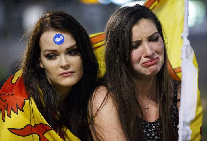 Disappointed 'YES' voters and campaigners in George Square in Glasgow, Scotland on Sept. 19, 2014.