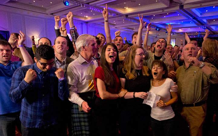 NO supporters for the Scottish independence referendum celebrate a result at a No campaign event at a hotel in Glasgow, Scotland, early Friday, Sept. 19, 2014.