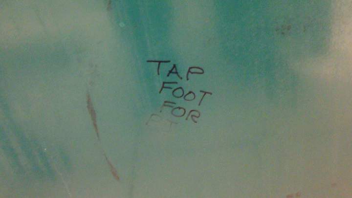 One of the messages written on a bathroom wall in Fairview Pointe-Claire.