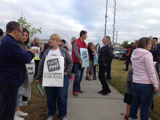 Teachers behind the picket lines at Byrne Creek Secondary in Burnaby .