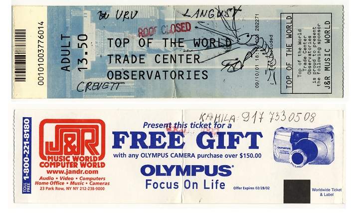 Evan Zuk’s ticket from his visit to the World Trade Centre in New York on September 10, 2001