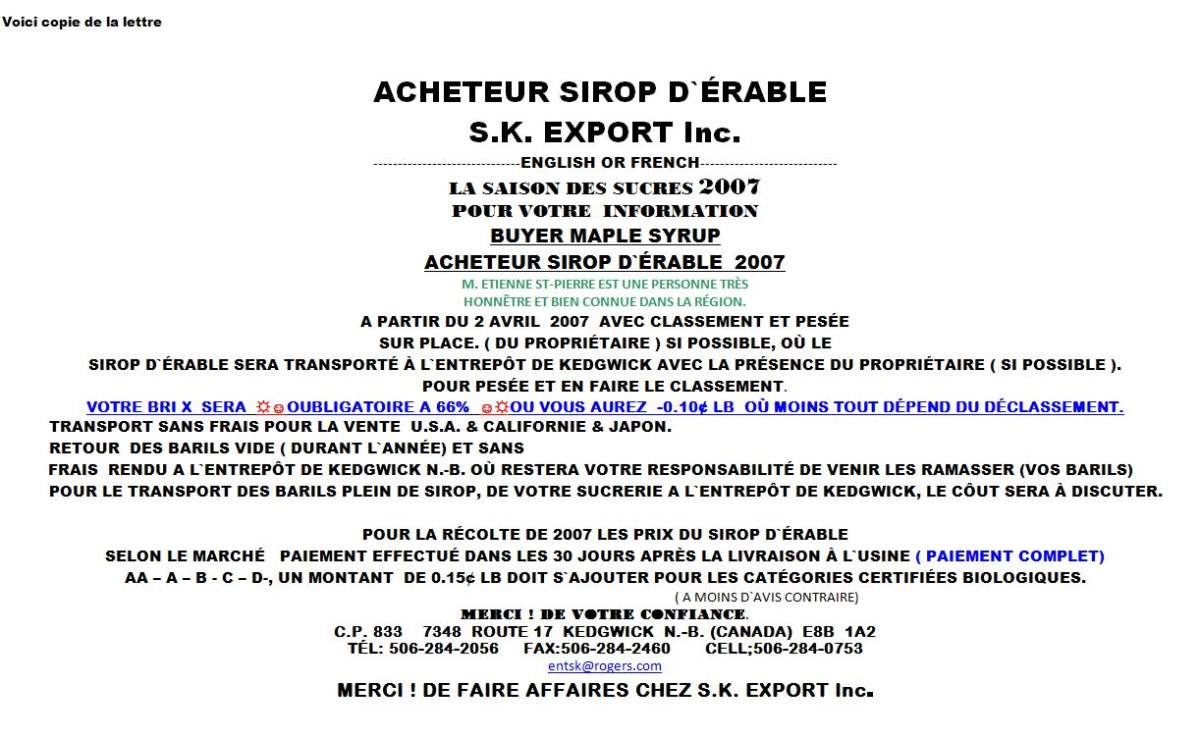 Etienne St-Pierre advertises he will buy syrup and pay in full within 30 days
