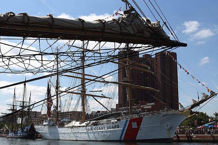 The U.S. Coast Guard Cutter Eagle is docked in the Inner Harbor as part of the Star Spangled Spectacular September 12, 2014 in Baltimore, Maryland.
