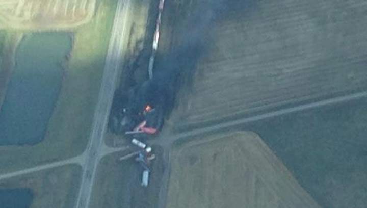 Aerial view of the CN train derailment on Oct. 7, 2014 east of Saskatoon.