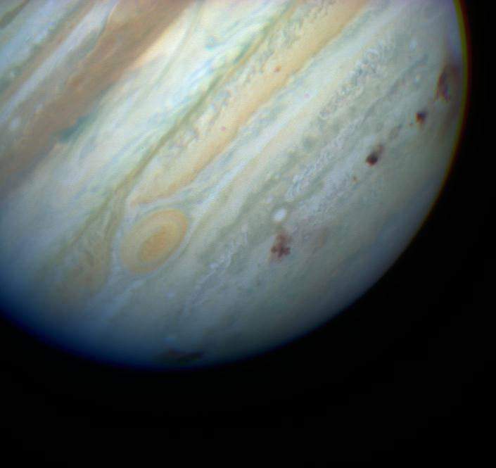 The bruised cloud tops of Jupiter after several pieces hit the planet in 1994.