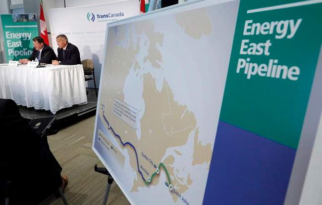 The Energy East pipeline proposed route is pictured as TransCanada officials speak during a news conference in Calgary, on Aug. 1, 2013. 