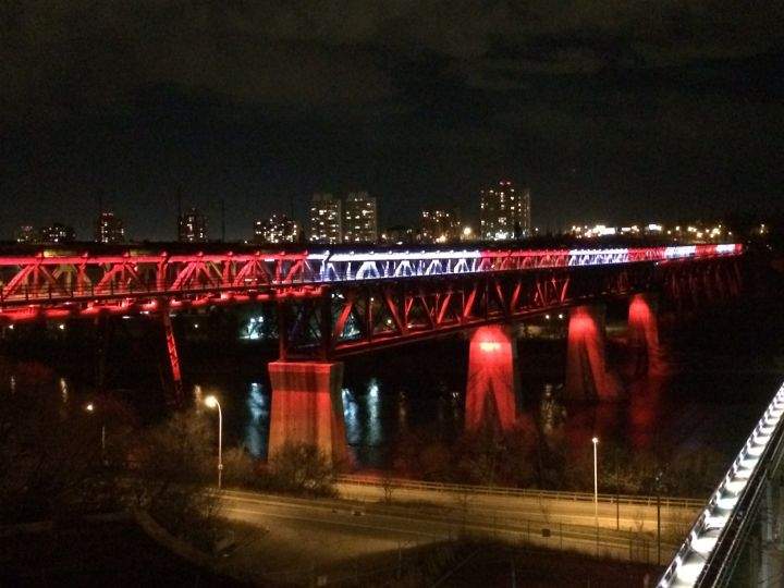 The High Level Bridge lit up red and white Friday, October 24, 2014 to honour soldiers killed.