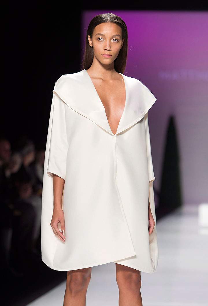 A model walks the runway in the Matthew Gallagher show, part of Fashion Week in Toronto on Thursday October 23, 2014. THE