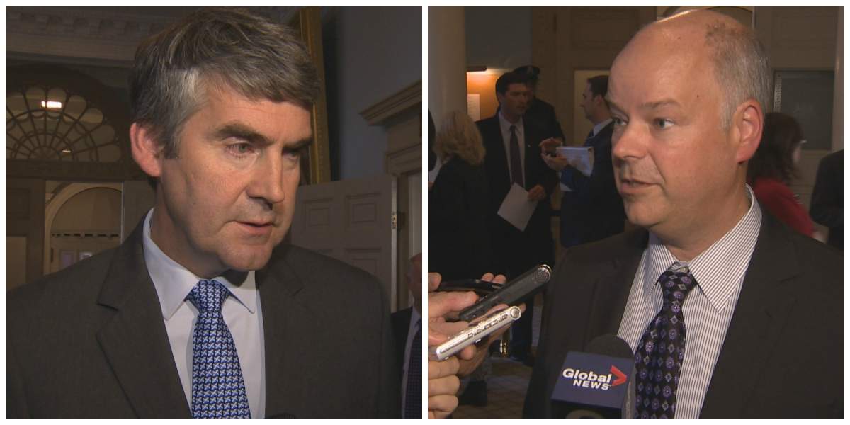 Premier Stephen McNeil and Opposition Leader Jamie Baillie speak to reporters at Province House on Oct. 9.