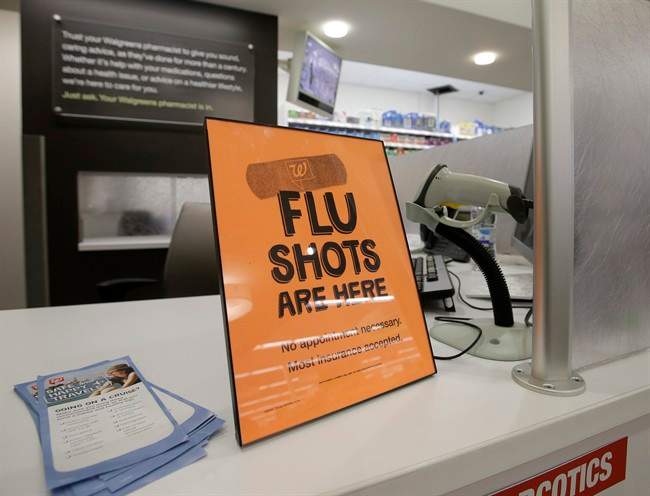 In this Sept. 16, 2014 file photo, a sign lets customers know they can get a flu shot in a Walgreen store in Indianapolis. Fever? Headache? Muscle aches?.
