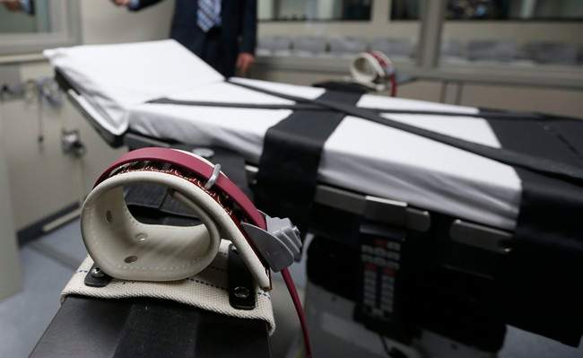 This Thursday, Oct. 9, 2014 photo shows an arm restraint on the gurney in the the execution chamber at the Oklahoma State Penitentiary in McAlester, Okla. Oklahoma Attorney General Scott Pruitt says the state does not have the drugs on hand or the medical staff prepared needed to carry out a Nov. 13 execution, and is requesting a delay until January.