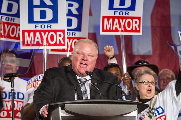 Toronto Mayor Rob Ford speaks during the kick off of his re-election campaign at a rally in the city's north end April 17, 2014.