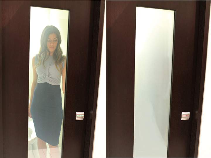 Among features of the Shaw Club Hotel & Spa ladies room is clear-to-clouded advanced glass door technology.
