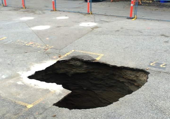 A sinkhole developed in Port Moody near the Evergreen Line construction.