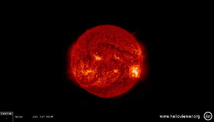 A filament, seen here in above the centre of the sun — and northwest of sunspot 2192 — would be about 100 times the size of Earth if it were stretched out into a straight line.