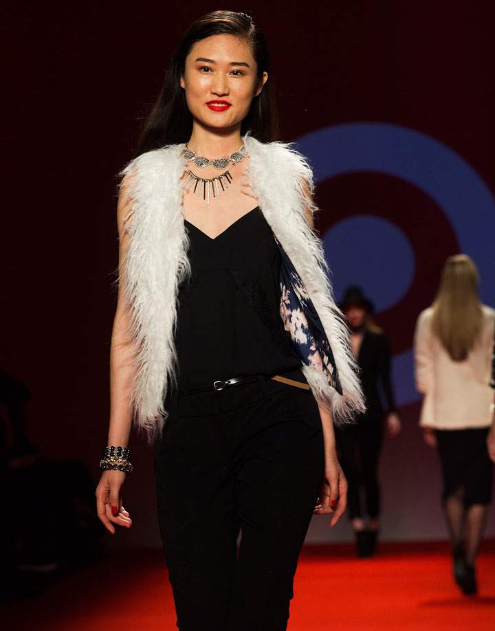 A model walks the runway at the Target show during World MasterCard Fashion Week in Toronto on Tuesday, October 21, 2014.
