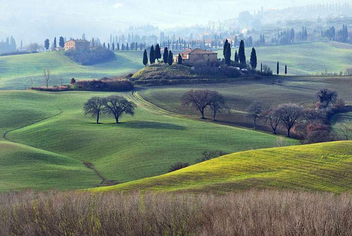 The sky over the trees and hilltops near San Quirico D'Orcia in Val d'Orcia, Tuscany.