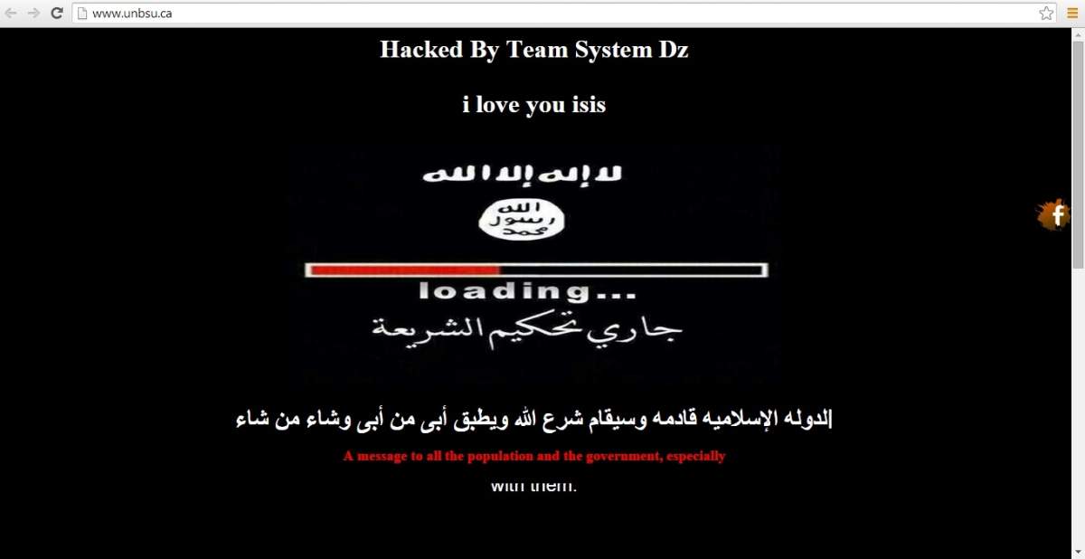 The website for the University of New Brunswick Students' Union was hacked on Monday night and replaced with a message of support for the militant group ISIS.