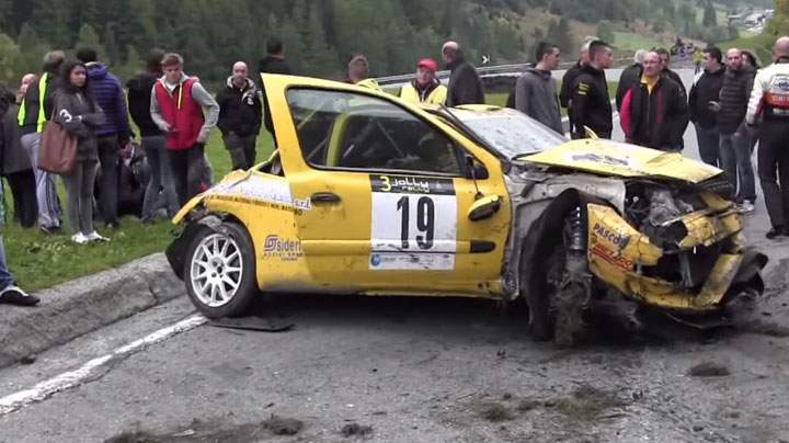 A rally car is seen totaled after it flipped over and crashed at the Jolly Rally race in the Aosta Valley this past weekend.