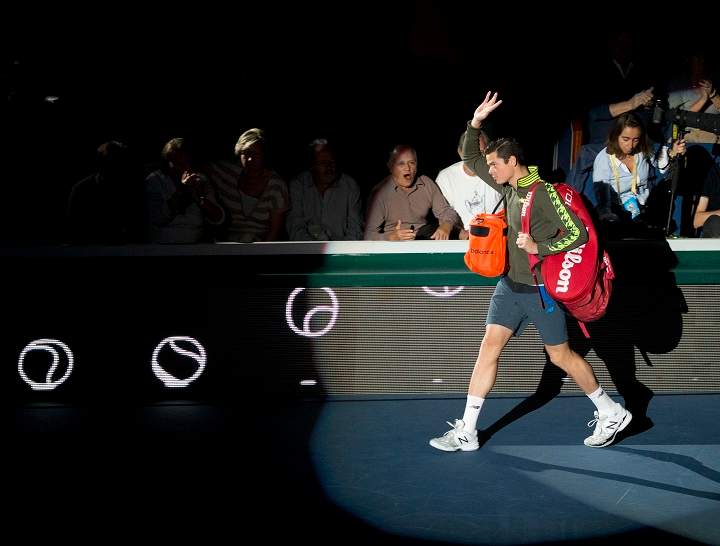 Milos Raonic of Canada arrives on the court prior to a final match against  Serbia's Novak Djokovic at the ATP World Tour Masters tennis tournament at Bercy stadium in Paris, France,  Sunday, Nov. 2, 2014. 