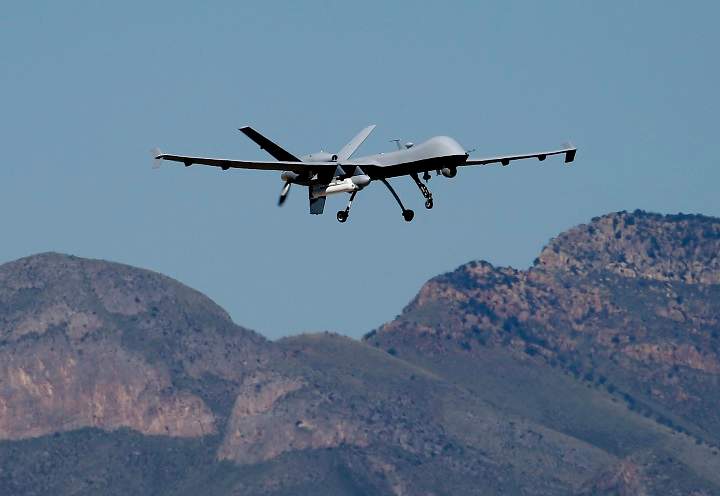 A U.S. Customs and Border Patrol drone aircraft lifts off, Wednesday, Sept 24, 2014 at Ft. Huachuca in Sierra Vista, Ariz. 