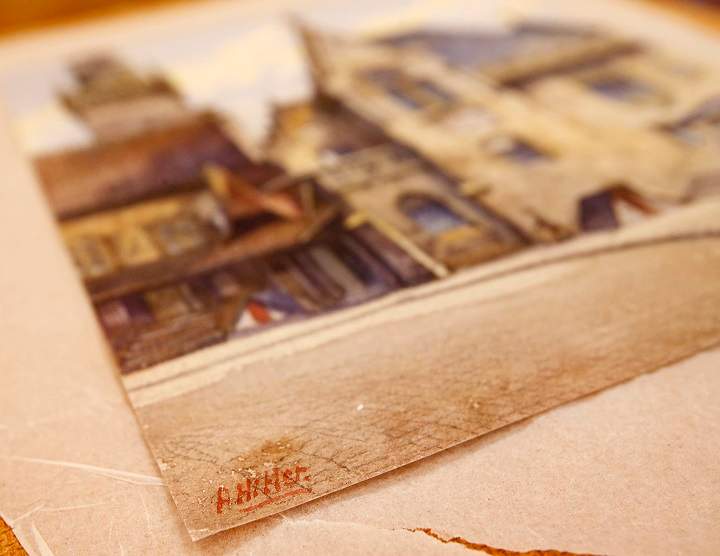 The Wednesday, Nov. 19, 2014 photo shows the signature "A. Hitler" on a picture titled  The Old City Hall that - as the auction house said - was painted by Adolf Hitler in Nuremberg, Germany. The 100-year-old watercolor of Munichs city hall is expected to fetch at least 50,000 euros (US$ 60,000) at auction this weekend, not so much for its artistic value as for the signature in the bottom left corner.