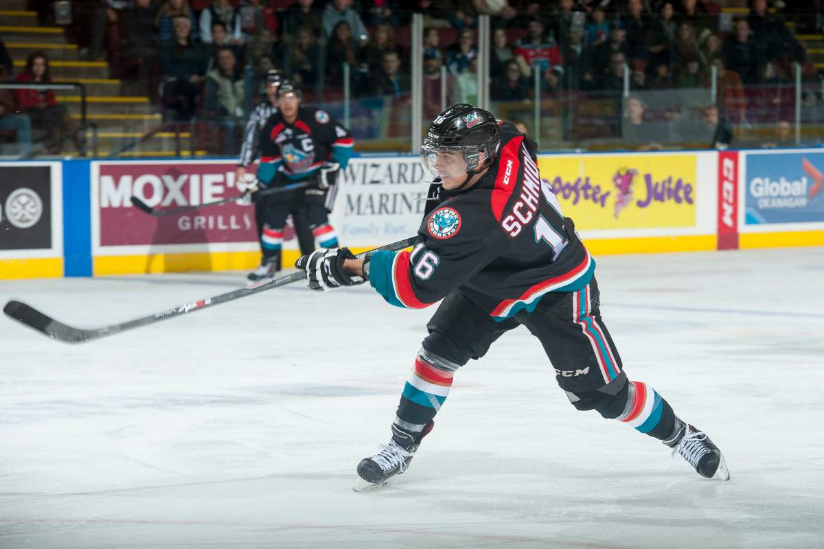 Kris Schmidli #16 of Kelowna Rockets takes a shot against the Portland Winterhawks on November 22, 2014 at Prospera Place in Kelowna.