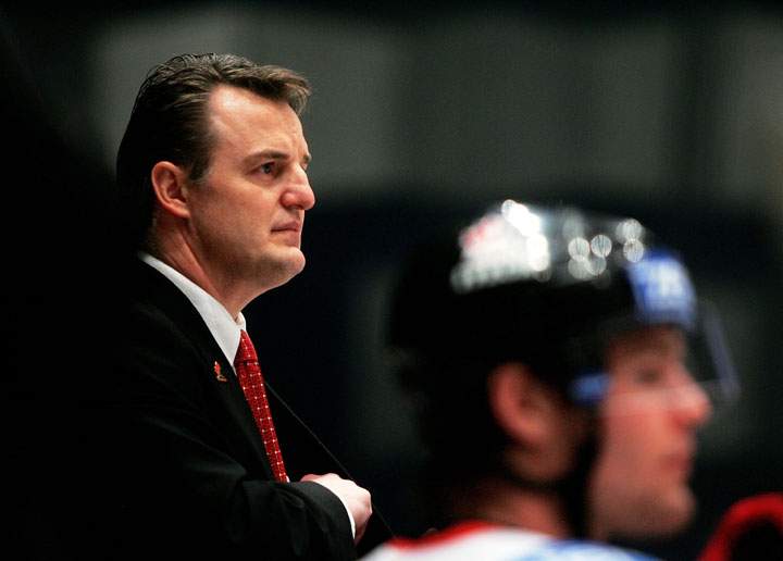 Head coach Marc Habscheid of Canada watches his team take on Russia in the third period in the IIHF World Men's Championships semi-final game at Wiener Stadthalle on May 14, 2005 in Vienna, Austria.