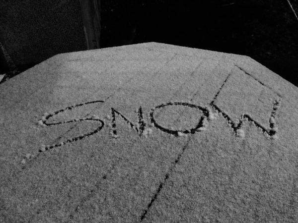 Snow accumulates on a picnic table in Burnaby Friday night.
