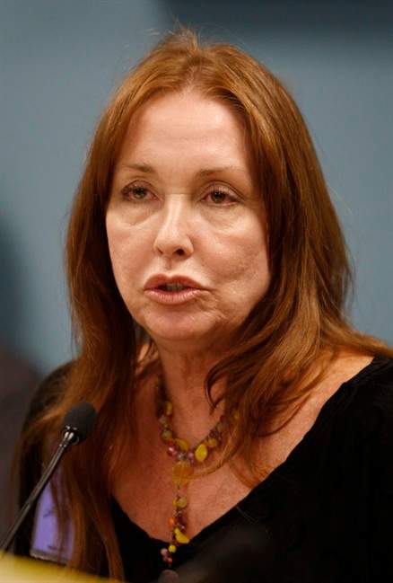 In a Sept. 2, 2009 file photo Debra Tate, sister of slain Sharon Tate, speaks during a parole hearing for Manson follower Susan Atkins at the Central California Women's Facility in Chowchilla, Calif.