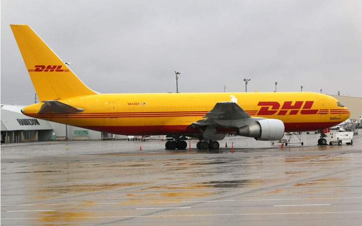A DHL Boeing 767 cargo airplane at the Hamilton airport on Oct. 17, 2014.