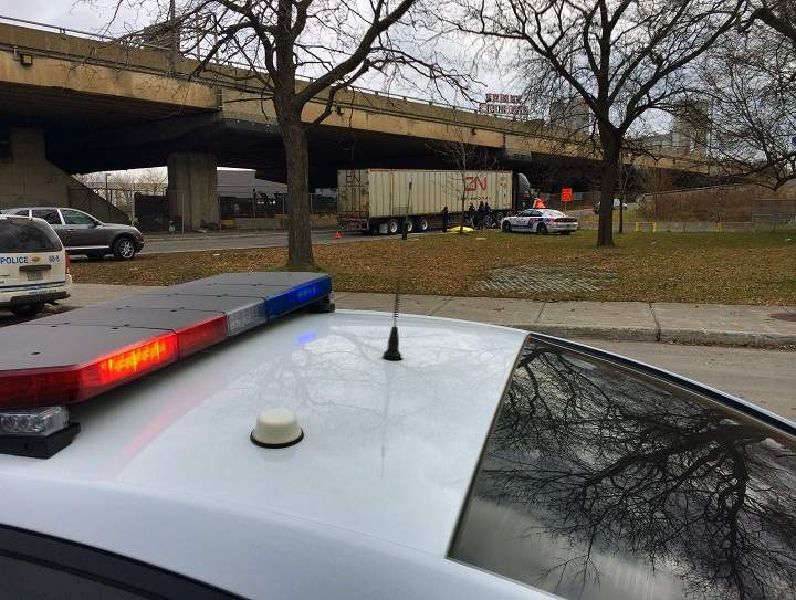 A cyclist was killed after being hit by an 18-wheeler and dragged for more than a block in Griffintown on November 27. 2014.