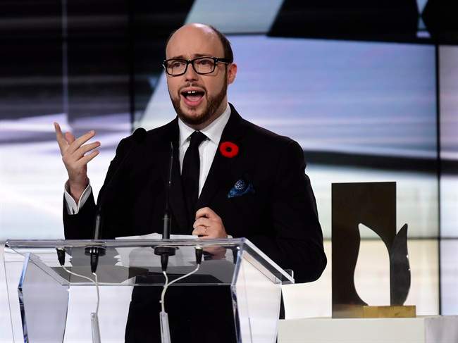 Author Sean Michaels gives his acceptance speech after winning the 2014 Giller Prize on Nov.10, 2014.