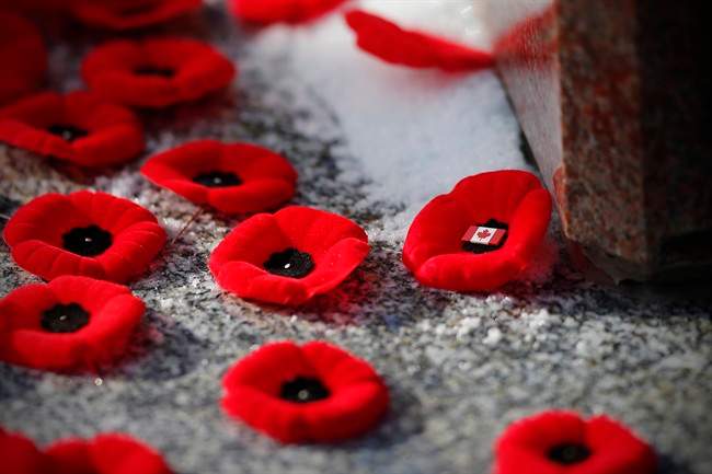 Poppies are placed on a cenotaph during a Remembrance Day service in Winnipeg.