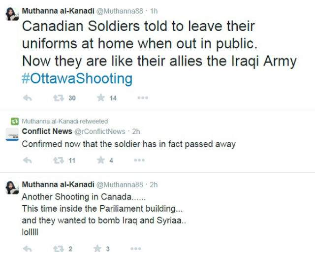 Tweets from @muthanna88, a suspended Twitter account associated with Ahmad Waseem, following the shooting in Ottawa on Oct. 22.