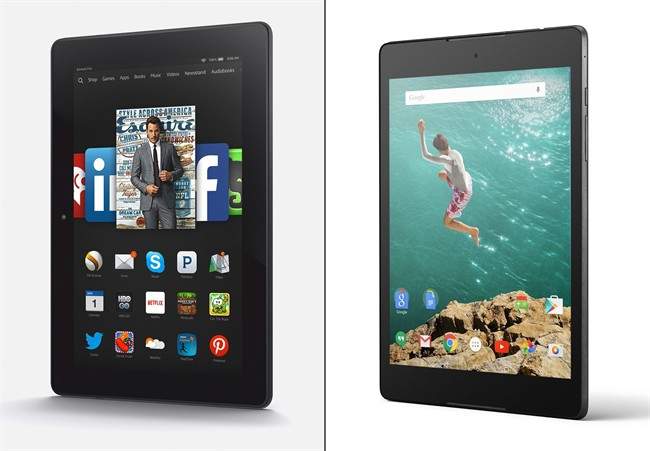 This combination made from photos provided by Amazon and Google shows the Amazon Fire HDX 8.9, left, and the Google Nexus 9. 