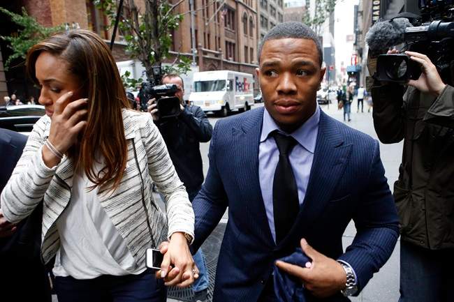 Ray Rice arrives with his wife Janay Palmer for an appeal hearing of his indefinite suspension from the NFL, Wednesday, Nov. 5, 2014, in New York.