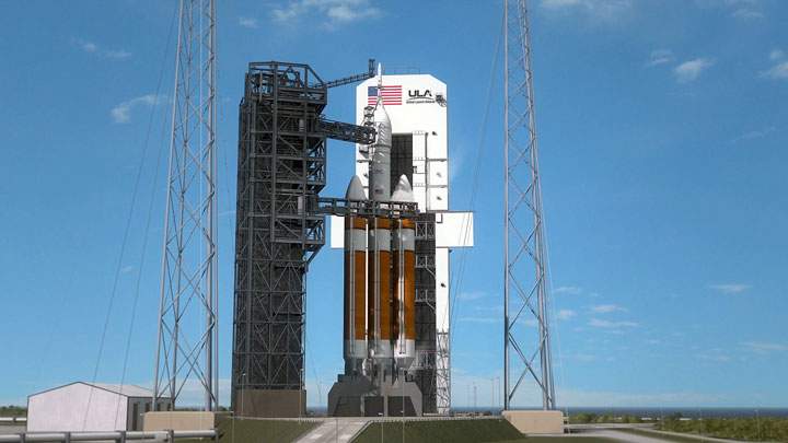 Orion sits atop United Launch Alliance’s Delta IV Heavy rocket at Cape Canaveral in this artist’s concept.