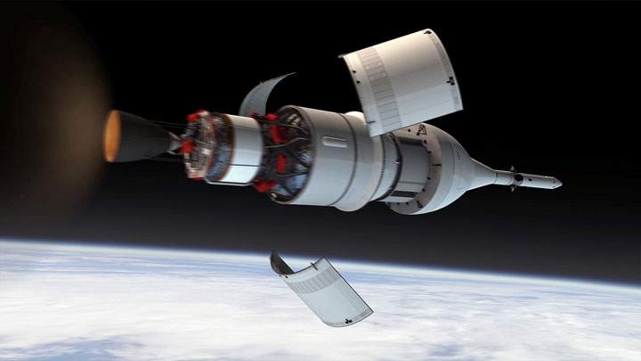There are 17 separation events during the launch. Here, an artist illustrates the jettison of the service module farings.