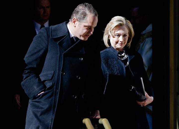 Hillary Rodham Clinton, right, leaves the Church of St. Ignatius Loyola on Manhattan’s Upper East Side after a private funeral for Oscar De la Renta, Monday, Nov. 3, 2014, in New York.