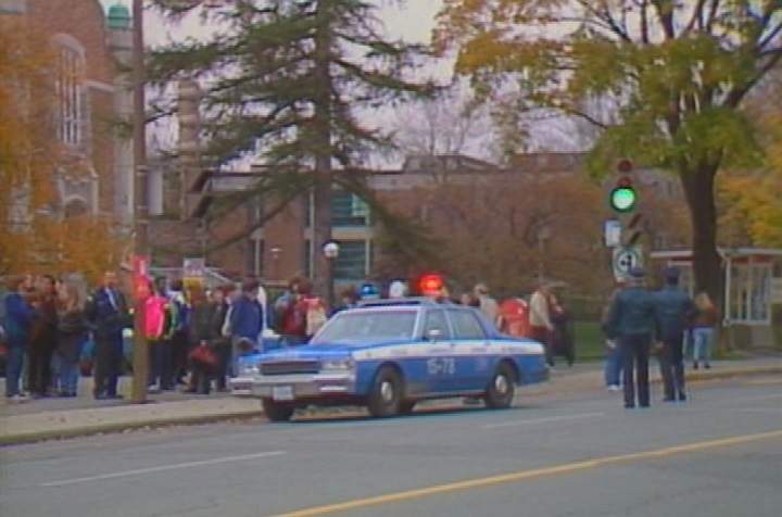 The scene of an accident in Montreal where a speeding police cruiser struck and killed 14-year-old Paul McKinnon on October 25, 1990.