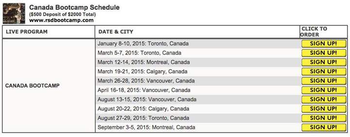 The list of Canadian “bootcamps” that appeared on the RSD website.