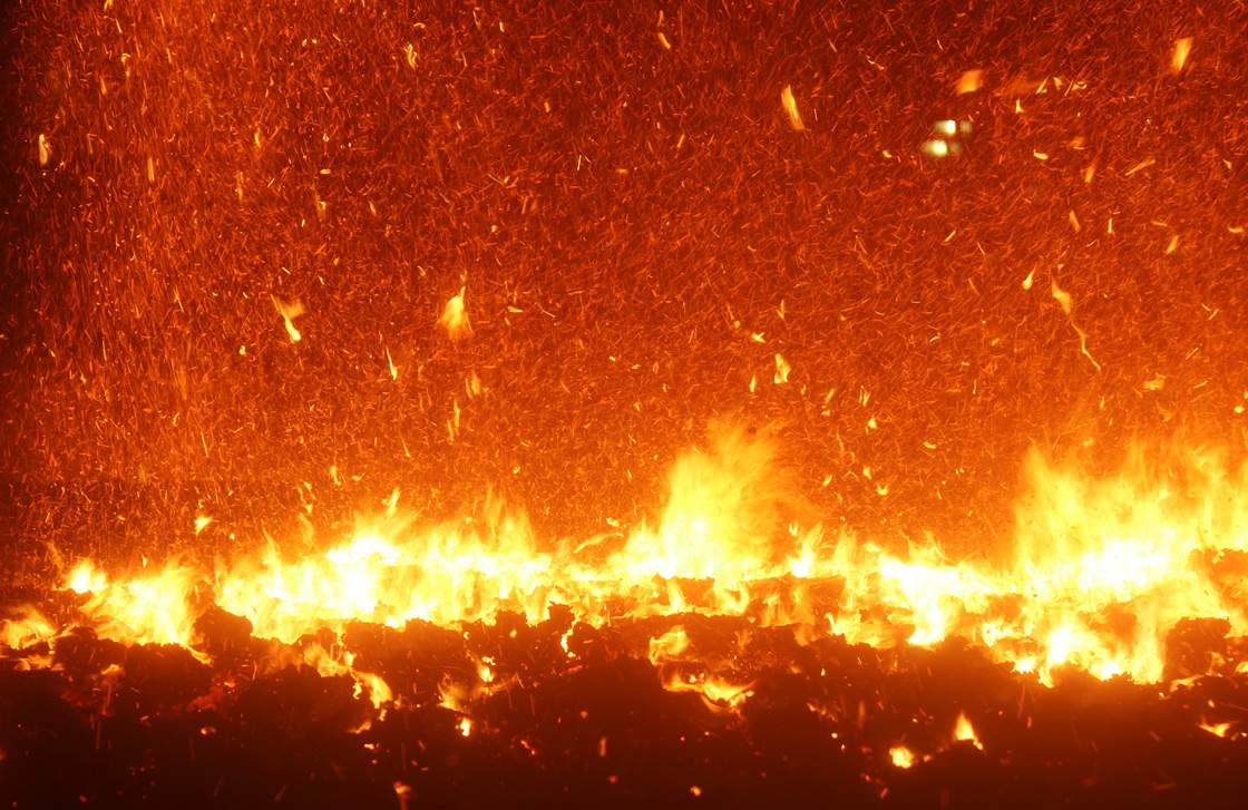 Hot ash below the burner inside the Schwarze Pumpe lignite power plant.