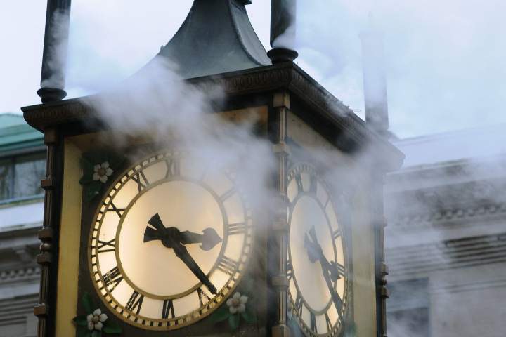 Steam flows out of the Steam Clock in the Gastown district in downtown Vancouver