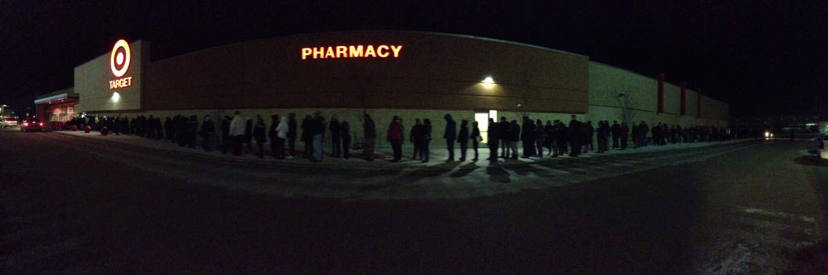 Customers line up outside a Winnipeg Target on Black Friday. 