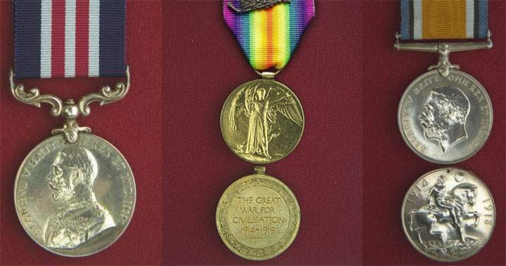 Photos of a Military Medal (left), the Victory Medal (centre), and a British War Medal (right). *These are examples and not the items stolen.