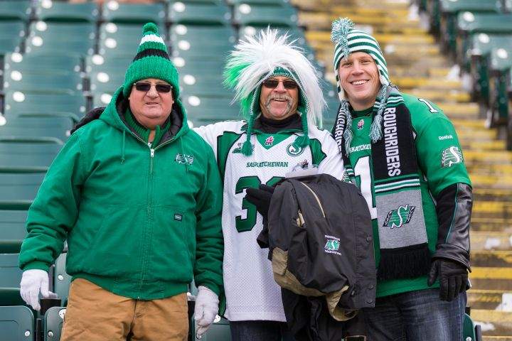 Saskatchewan Roughrider fans ready for the CFL Western Semi-Final game between the Saskatchewan Roughriders and Edmonton Eskimos at Commonwealth Stadium on November 16, 2014 in Edmonton, Alberta, Canada.