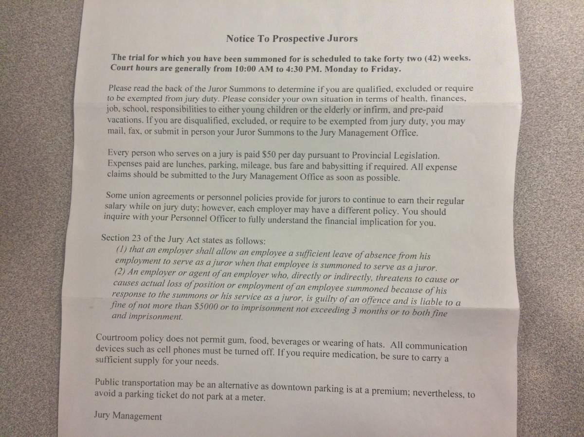 A jury summons to potential jurors in Edmonton, Dec. 2014