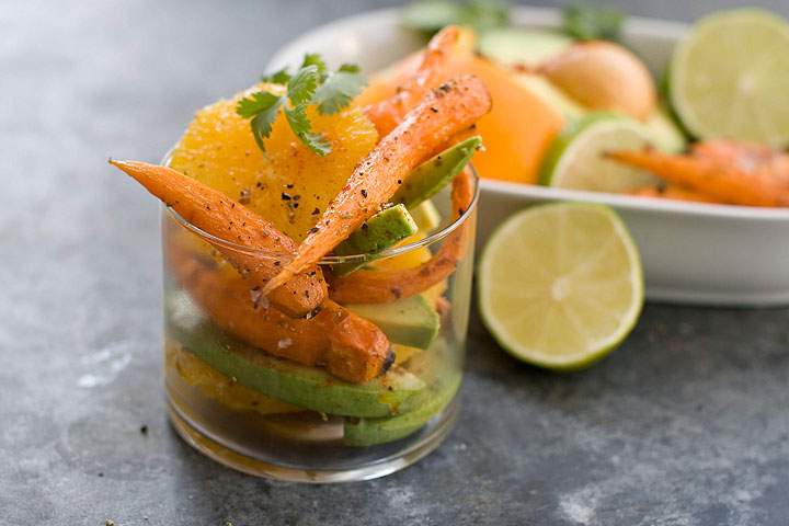 This Feb. 10, 2014 photo shows roasted carrot, orange and avacado salad in Concord, N.H.
