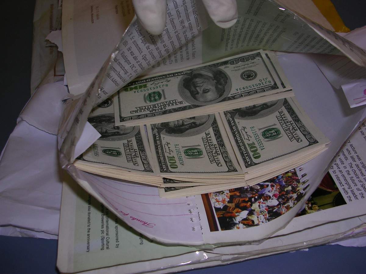 Picture of counterfeit U.S. $100 bills found hidden in a shipment at the Edmonton International Airport. December 11, 2014.
